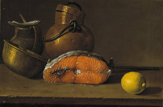 Still life: a piece of salmon, a lemon and three pots (Luis Meléndez)