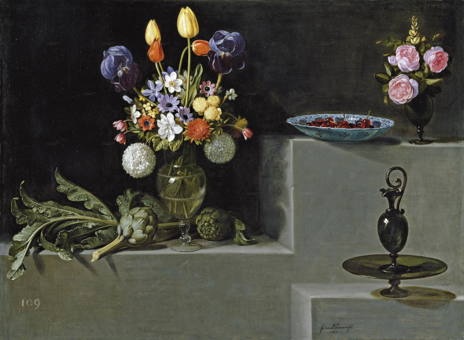Stillleben mit Artischocken, Blumen und Glasbehältern (Hamen und León, Juan van der)