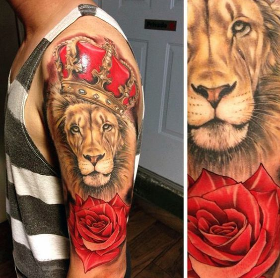 Lion and roses crown tattoo