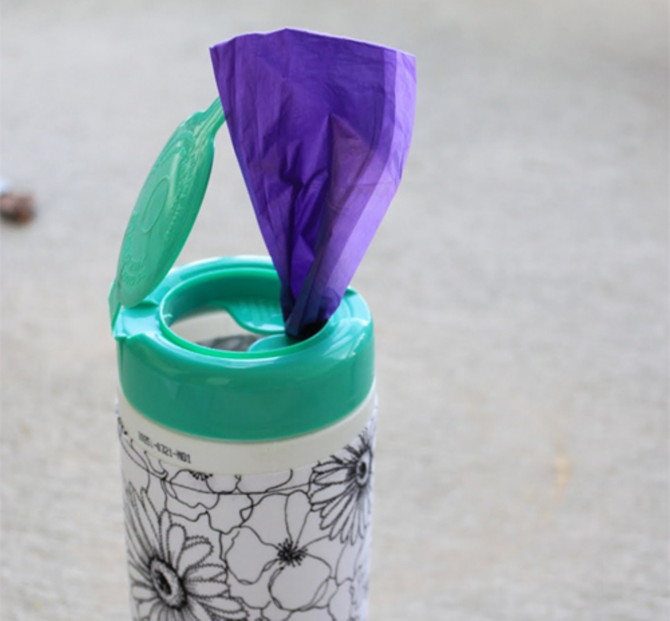 Reuse the wet wipe container to store bags